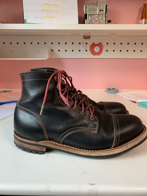 Photo by eggieman on April 4, 2025 of the Truman Cap Toe Boot in Horween Black Waxed Flesh.