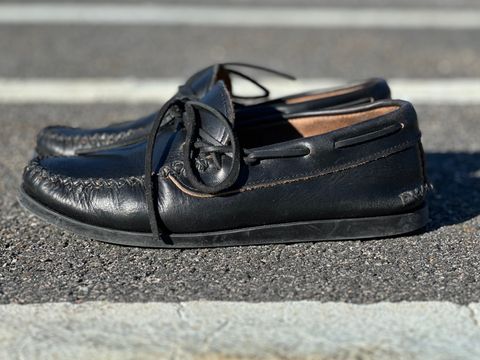 Photo by Snowcrashdenim on April 5, 2023 of the Yuketen Canoe Moc in Horween Black Chromexcel.