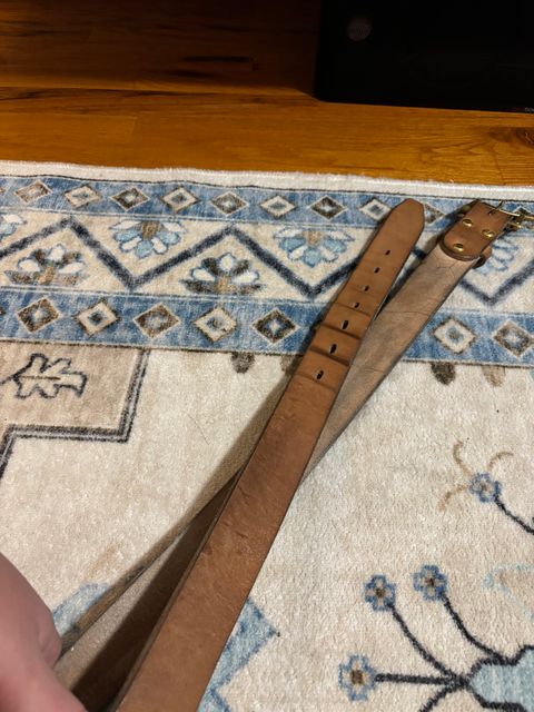 Photo by bootbastard on December 6, 2025 of the Carmine Jack Leather J&FJ Baker Natural Oak Bark Bridle Belts in J&FJ Baker Natural Oak Bark Tanned Harness.