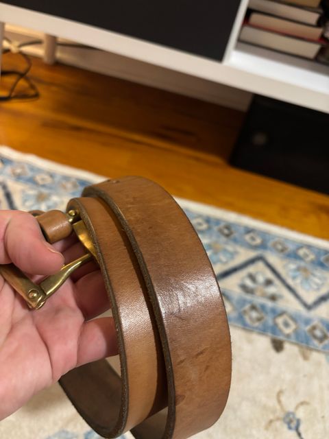 Photo by bootbastard on December 6, 2025 of the Carmine Jack Leather J&FJ Baker Natural Oak Bark Bridle Belts in J&FJ Baker Natural Oak Bark Tanned Harness.