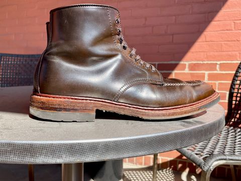 Photo by yallgotbibergs on March 5, 2023 of the Alden Tanker Boot in Horween Cigar Shell Cordovan.
