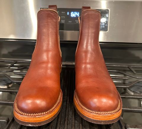 Photo by austinrylees on October 2, 2024 of the Fortis Boots Wholecut Chelsea in Wickett & Craig Medium Brown English Bridle.