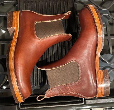 Photo by austinrylees on October 2, 2024 of the Fortis Boots Wholecut Chelsea in Wickett & Craig Medium Brown English Bridle.