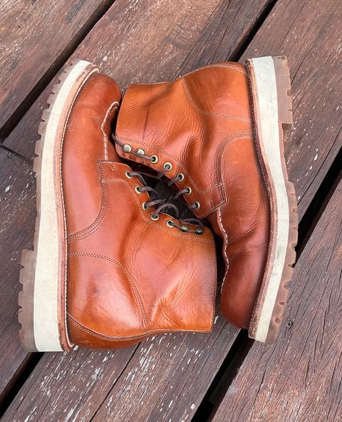 Photo by raw_indighoul on April 5, 2024 of the Grant Stone Brass Boot in Badalassi Carlo Saddle Tan Minerva.