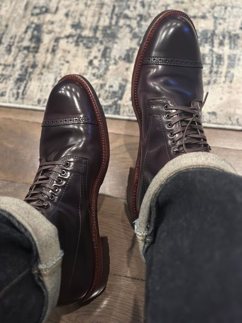Photo by northsouthdenimguy on February 1, 2025 of the Alden Alden X Brogue Jumper boot in Horween Color 8 Shell Cordovan.