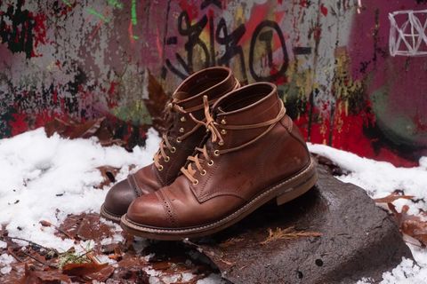 Photo by patinalfather on December 6, 2022 of the John Lofgren Combat Boots in Shinki Wabi-Sabi Horsebutt.