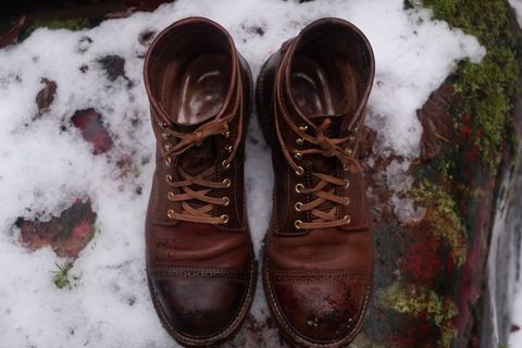 Photo by patinalfather on December 6, 2022 of the John Lofgren Combat Boots in Shinki Wabi-Sabi Horsebutt.
