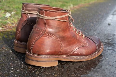 Photo by patinalfather on April 2, 2023 of the John Lofgren Combat Boots in Shinki Wabi-Sabi Horsebutt.