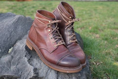 Photo by patinalfather on April 2, 2023 of the John Lofgren Combat Boots in Shinki Wabi-Sabi Horsebutt.