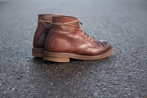 Photo by patinalfather on April 2, 2023 of the John Lofgren Combat Boots in Shinki Wabi-Sabi Horsebutt.