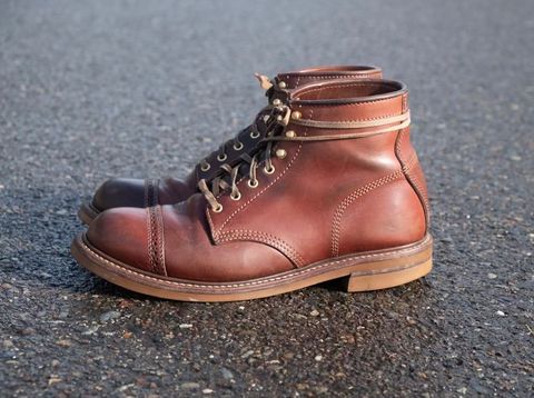 Photo by patinalfather on April 2, 2023 of the John Lofgren Combat Boots in Shinki Wabi-Sabi Horsebutt.