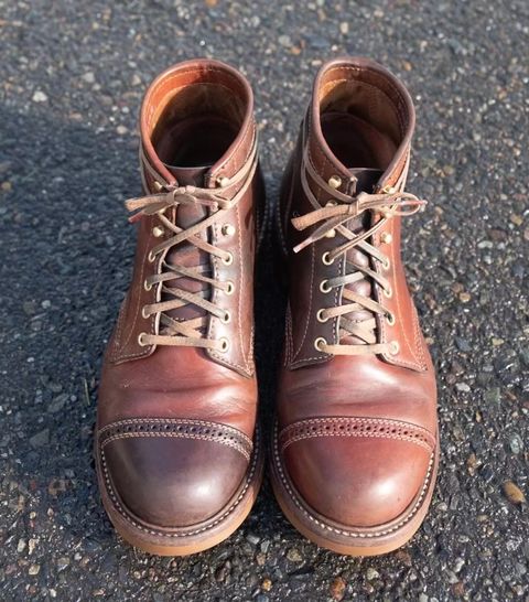 Photo by patinalfather on April 2, 2023 of the John Lofgren Combat Boots in Shinki Wabi-Sabi Horsebutt.
