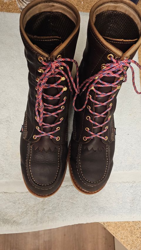 Photo by fozzie_the_bear on March 5, 2024 of the Thorogood 1957 Series 8" Moc Toe in Briar Pitstop Full Grain.