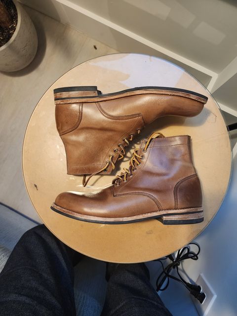 Photo by kobEsq on November 5, 2023 of the Oak Street Bootmakers Trench Boot in Horween Natural Chromexcel.