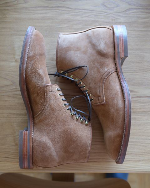 Photo by thepatinaarena on November 1, 2023 of the Viberg Derby Boot in C.F. Stead Anise Calf Suede.