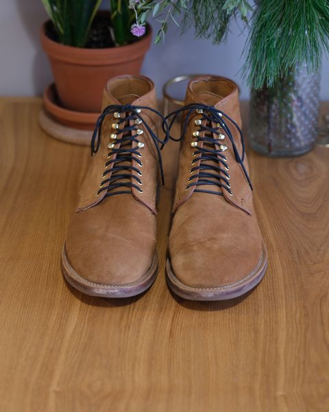 Photo by thepatinaarena on December 3, 2023 of the Viberg Derby Boot in C.F. Stead Anise Calf Suede.