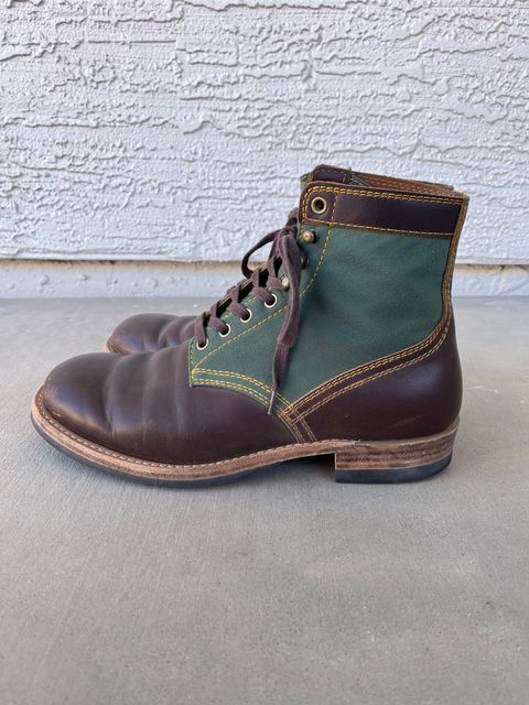 Photo by udi on February 5, 2025 of the Akito Trooper Boots in Veg-tanned, Vintage Brown Hand Finished/12oz Army Green Duck Canvas.