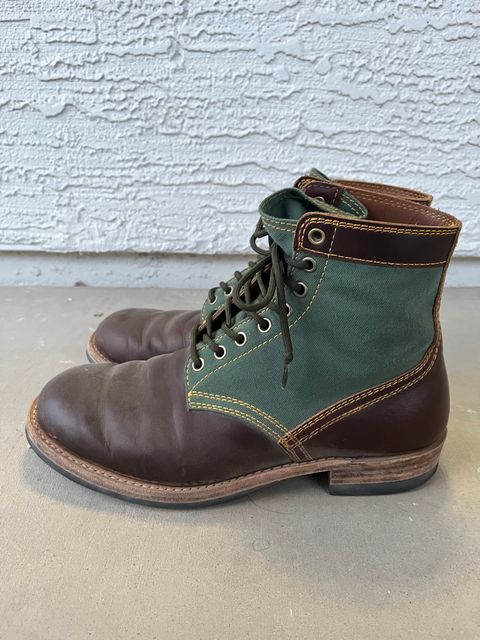 Photo by udi on March 6, 2025 of the Akito Trooper Boots in Veg-tanned, Vintage Brown Hand Finished/12oz Army Green Duck Canvas.