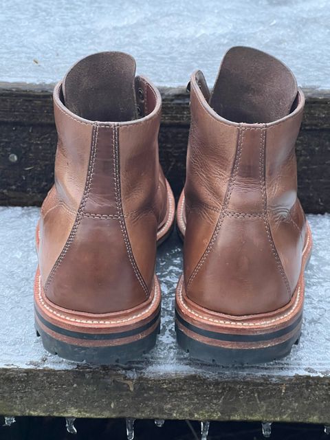 Photo by thepugilist on February 2, 2023 of the Grant Stone Brass Boot in Horween Dune Chromexcel.