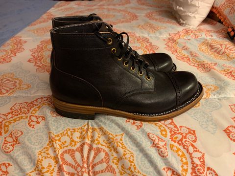 Photo by baltbootguy on October 5, 2022 of the Iron Boots Unlisted Model in Maryam Black Hand-Dyed Horsehide.