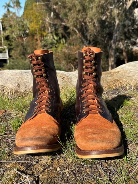 Photo by PatinaTechnodrome on February 2, 2025 of the Flame Panda Service Boot in Maryam Natural Horsebutt Overdyed Brown then Black & Maryam Natural Horsebutt Roughout.