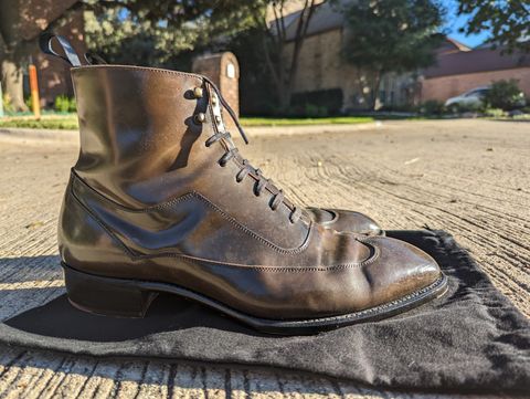 Photo by Ali_LegacyBootworks on November 9, 2023 of the Tread Heavily Shoes Acclamator Austerity Brogue Boot in Horween Dark Cognac Shell Cordovan.
