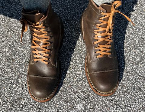 Photo by Val on April 13, 2023 of the White's Bounty Hunter in Horween Olive Waxed Flesh.