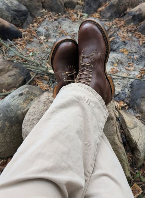 Photo by Leif on October 12, 2025 of the Drew's Boots 8-Inch Logger in Brown Smooth.