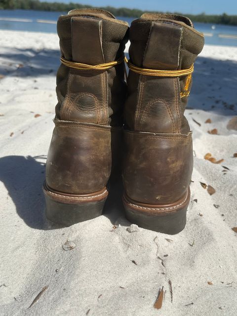 Photo by FtValloniaStreaker on March 2, 2024 of the Hall's Lace-To-Toe Lineman Boot in Brown Crazy Horse Oiled Leather.