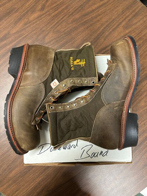 Photo by FtValloniaStreaker on October 2, 2023 of the Hall's Lace-To-Toe Lineman Boot in Brown Crazy Horse Oiled Leather.