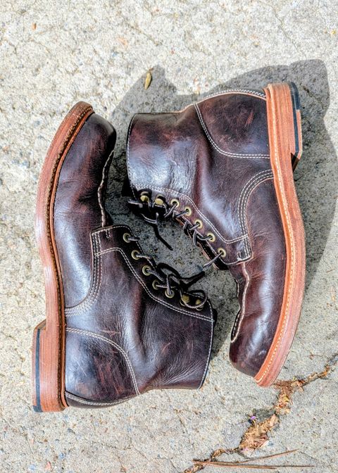 Photo by SIDO on April 1, 2026 of the Grant Stone Brass Boot in Dark Snuff Oiled Shoulder.