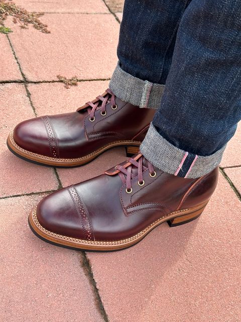 Photo by 3135movt on November 2, 2023 of the Flame Panda Brogue Cap Toe Service Boot in Maryam Burgundy-Overdyed Horsebutt.