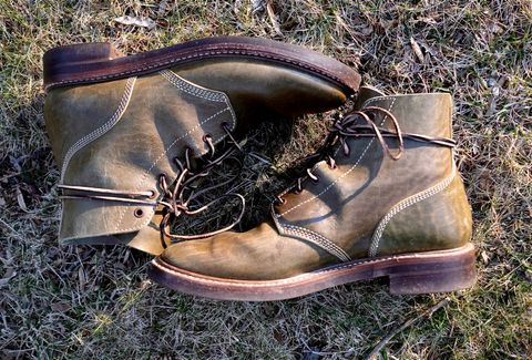 Photo by jononono on March 5, 2023 of the John Lofgren M-43 Service Shoes in Shinki Olive Shrunken Horsebutt.