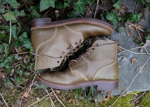 Photo by jononono on April 6, 2023 of the John Lofgren M-43 Service Shoes in Shinki Olive Shrunken Horsebutt.