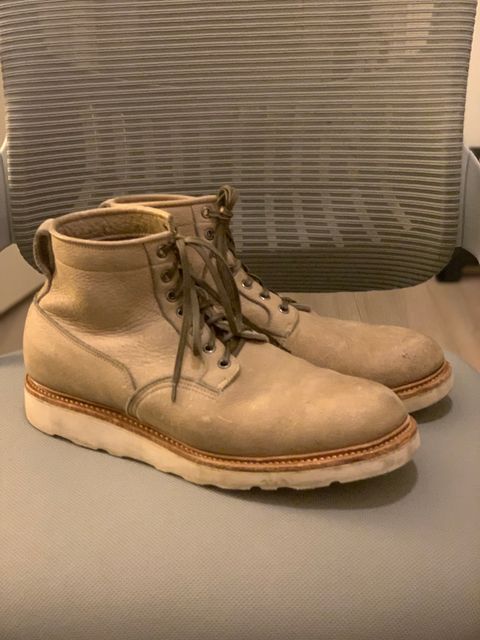 Photo by lonewolfpacman on February 6, 2024 of the Viberg Scout Boot in C.F. Stead Nomad Bokhara Nubuck.
