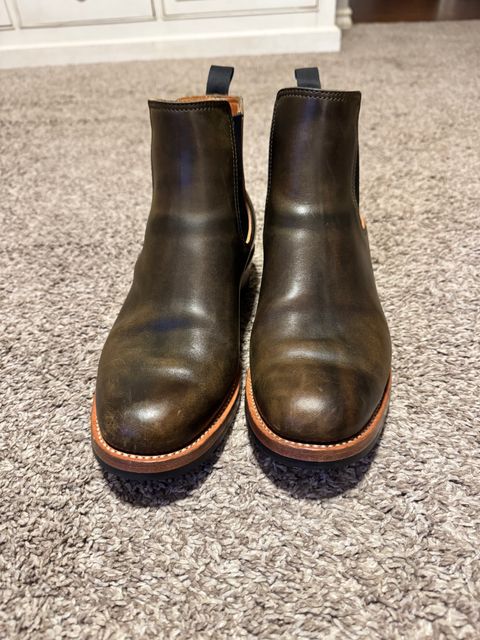 Photo by johnkrauser on October 1, 2025 of the Flame Panda Wholecut Chelsea in Natural Horsebutt Overdyed Olive.