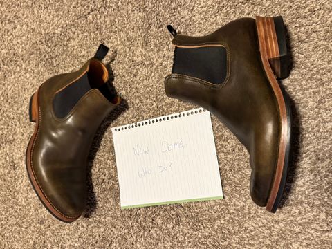 Photo by johnkrauser on October 1, 2025 of the Flame Panda Wholecut Chelsea in Natural Horsebutt Overdyed Olive.
