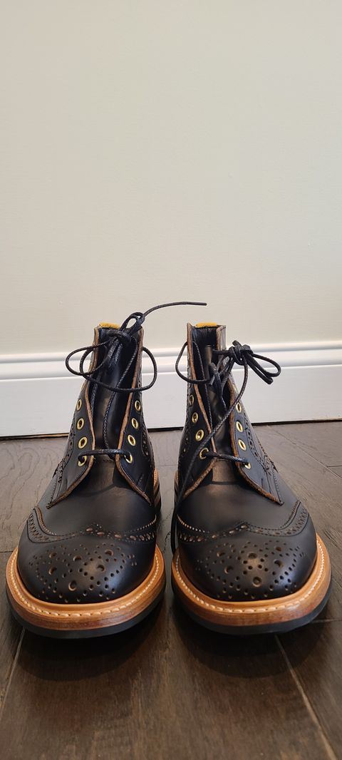 Photo by trickbrick on October 4, 2023 of the Tricker's Stow Country Boot in Horween Black Chromexcel.