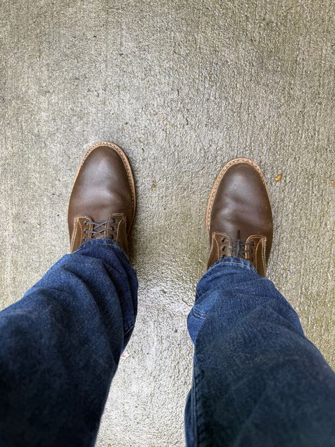 Photo by Timm on June 23, 2026 of the White's Stevens (Plain Toe) in Horween Dark Olive Waxed Flesh.