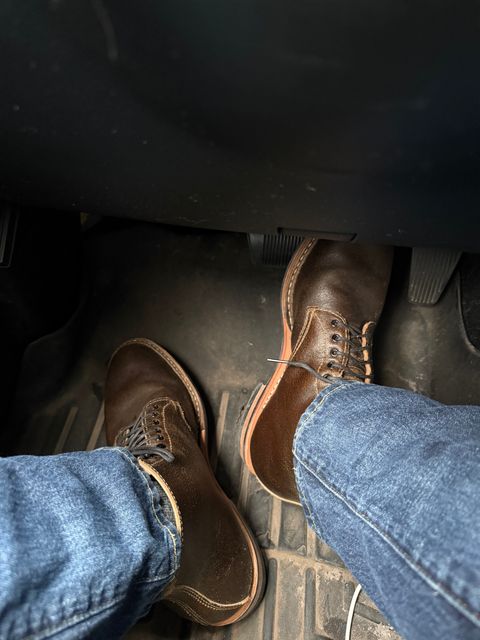 Photo by Timm on June 23, 2026 of the White's Stevens (Plain Toe) in Horween Dark Olive Waxed Flesh.