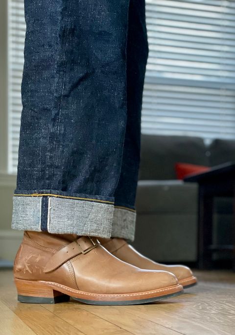Photo by goodboots_badfeet on February 7, 2025 of the John Lofgren Wabash Engineer Boots in Horween Natural Chromexcel.