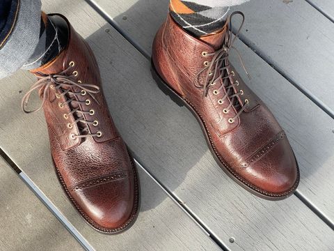 Photo by goodboots_badfeet on November 17, 2023 of the Grant Stone Garrison Boot in C.F. Stead Crimson Classic Kudu.