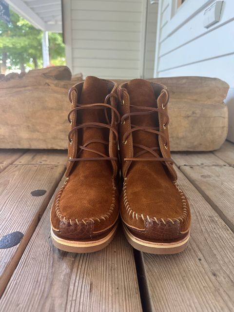 Photo by fcmocs on October 1, 2024 of the Fish Creek Moccasin 6” Boot in Rusty Brown Suede.