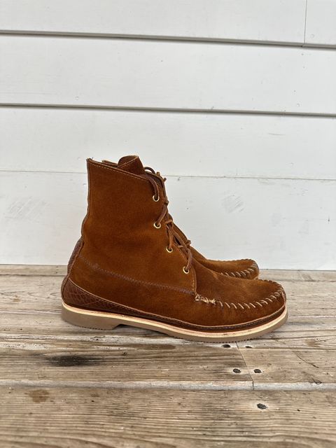 Photo by fcmocs on November 3, 2024 of the Fish Creek Moccasin 6” Boot in Rusty Brown Suede.