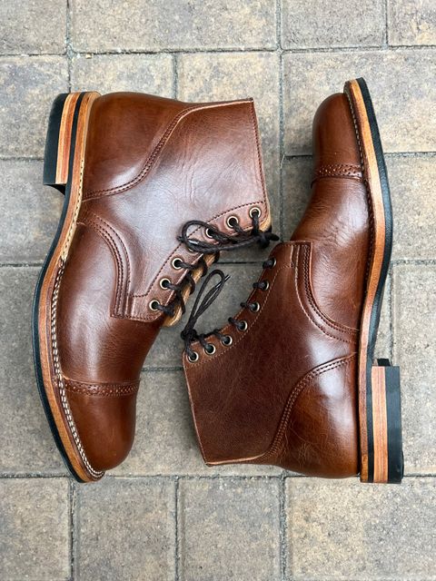 Photo by Nerdin.with.Boots on October 1, 2022 of the Viberg Service Boot BCT in Horween Mocha Vintage.