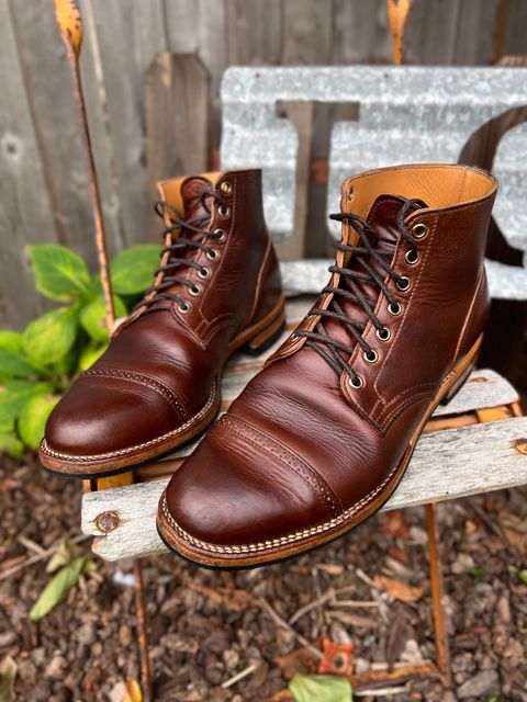 Photo by Nerdin.with.Boots on November 2, 2022 of the Viberg Service Boot BCT in Horween Mocha Vintage.