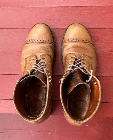 Photo by RedBeardBlueJeans on November 3, 2025 of the Grant Stone Garrison Boot in Horween Natural Chromexcel.