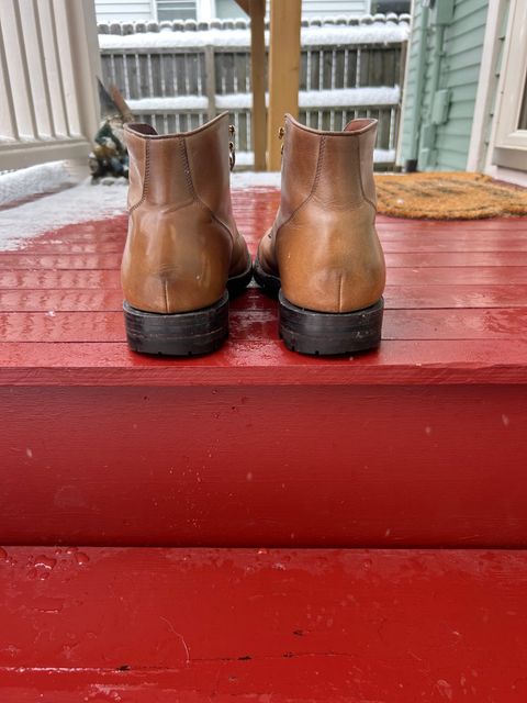 Photo by RedBeardBlueJeans on December 2, 2025 of the Grant Stone Garrison Boot in Horween Natural Chromexcel.