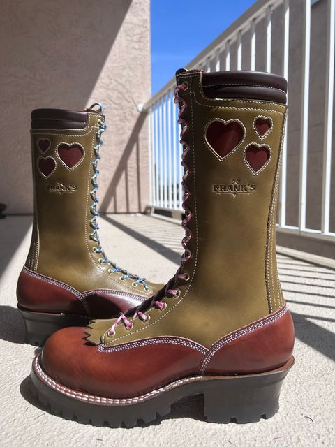 Photo by even on June 1, 2026 of the Frank's Boots Lace-To-Toe in Wickett & Craig Medium Brown Traditional Harness & Wickett & Craig Olive Traditional Harness.