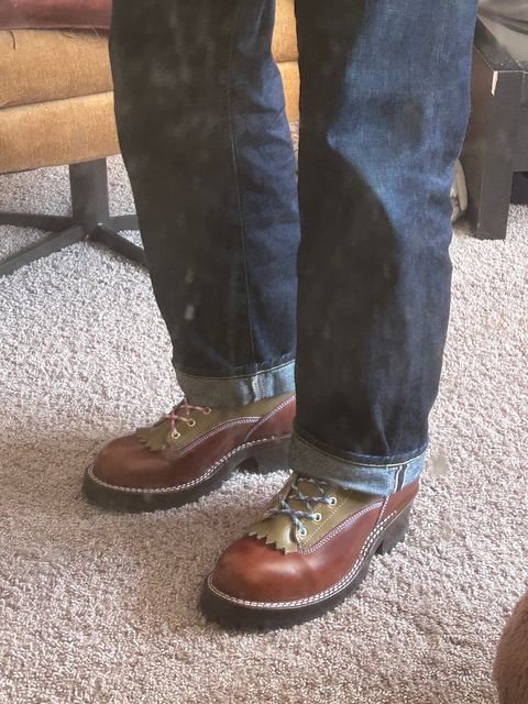 Photo by even on June 1, 2026 of the Frank's Boots Lace-To-Toe in Wickett & Craig Medium Brown Traditional Harness & Wickett & Craig Olive Traditional Harness.